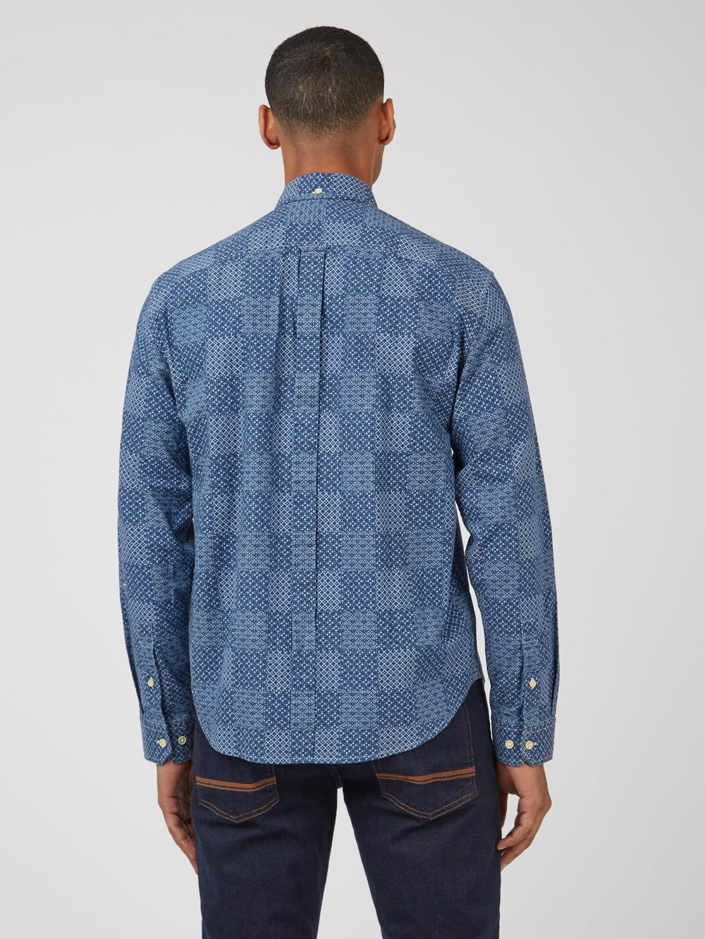 Chemises Ben Sherman Chambray Patchwork Geo Print Long-Sleeve Bleu | ZAG-44604037